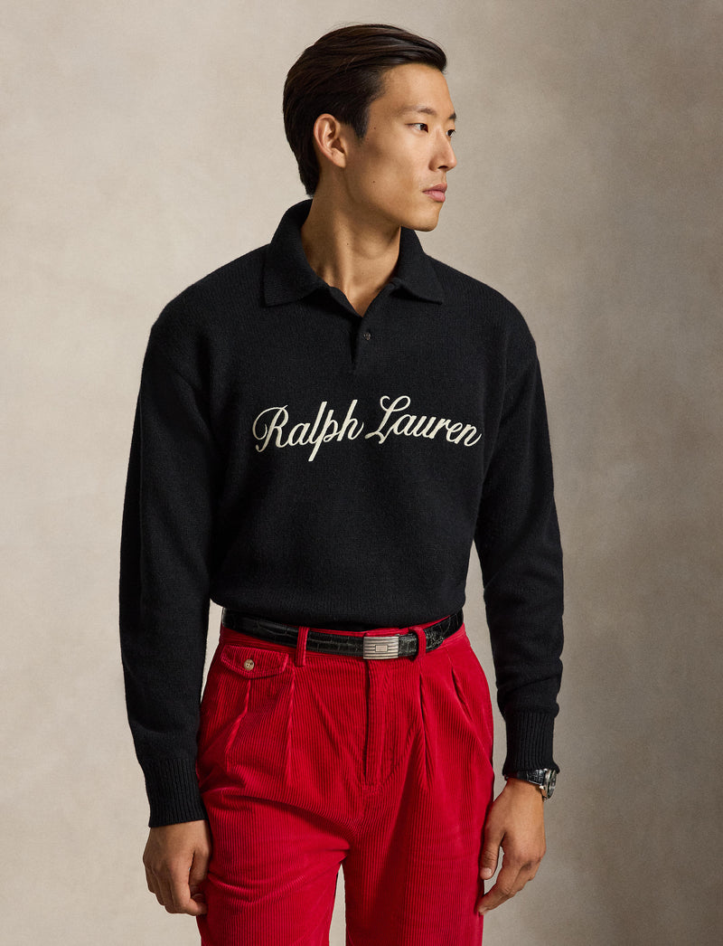 Wool Alpaca Sweater Rugby Shirt Polo Black