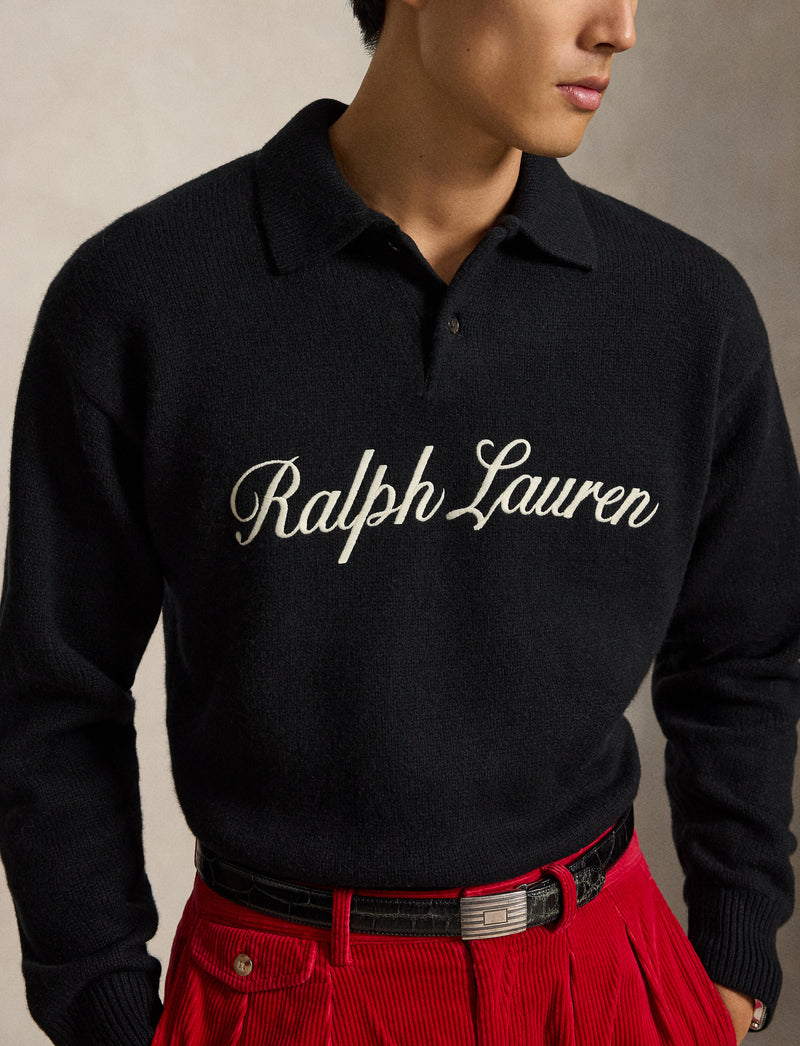 Wool Alpaca Sweater Rugby Shirt Polo Black