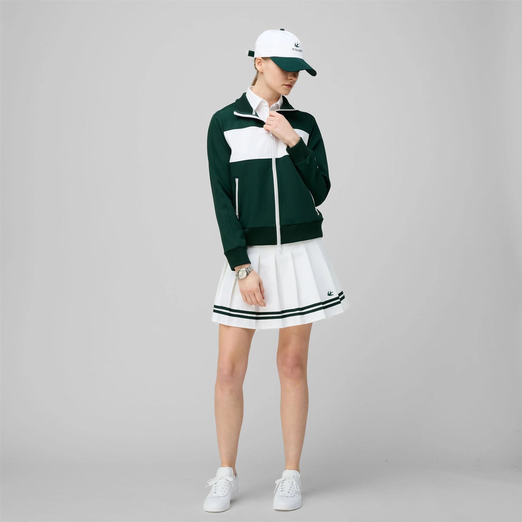 Womens Ribbon Pleated Skirt White/Pine Green