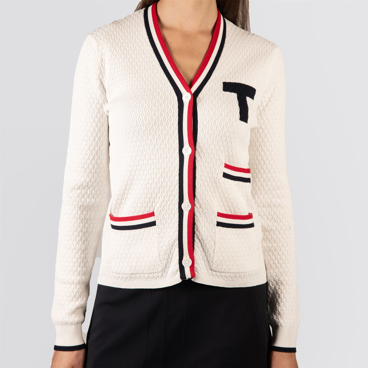 Womens T Cardigan White/Red/Blue