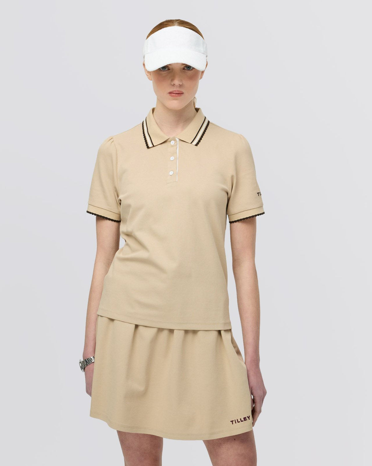 Womens Preppy Pique Puff Sleeve Polo Tan/Chocolate