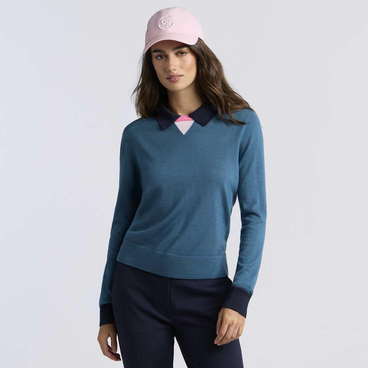 Womens Colour Block Merino Wool Sweater Marine Teal