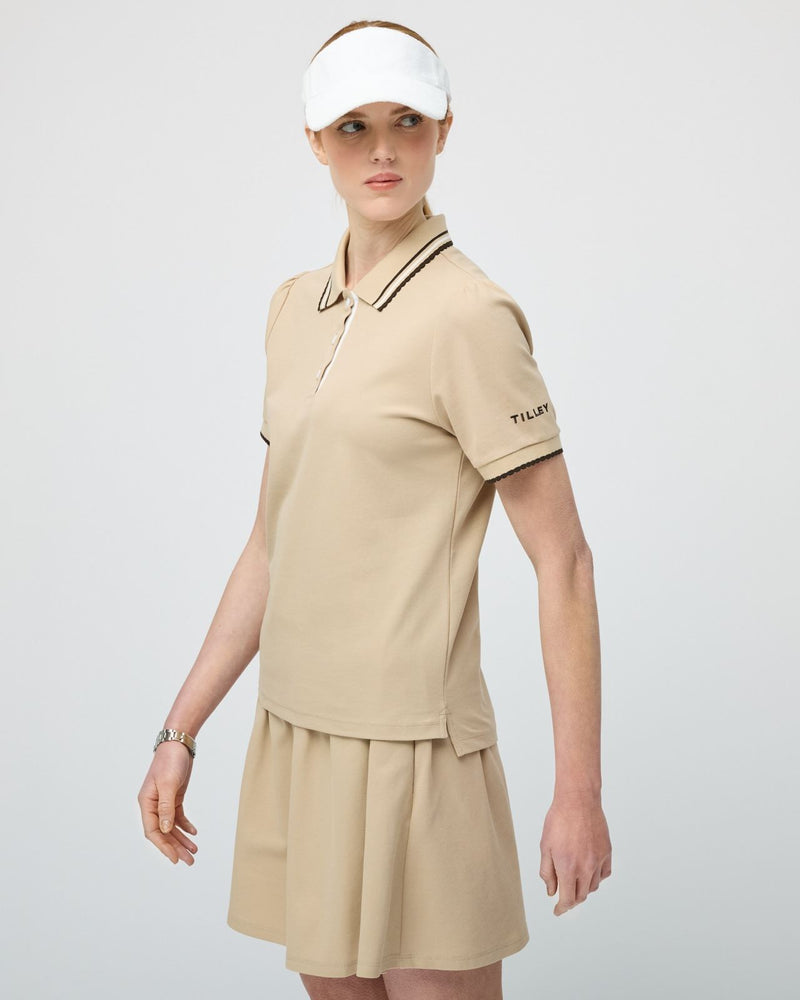 Womens Preppy Pique Puff Sleeve Polo Tan/Chocolate