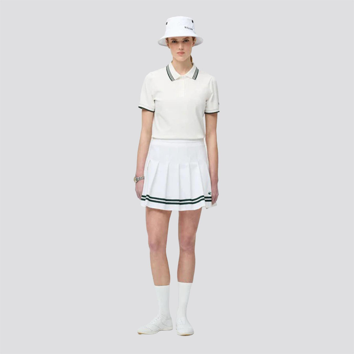 Womens Ribbon Pleated Skirt White/Pine Green