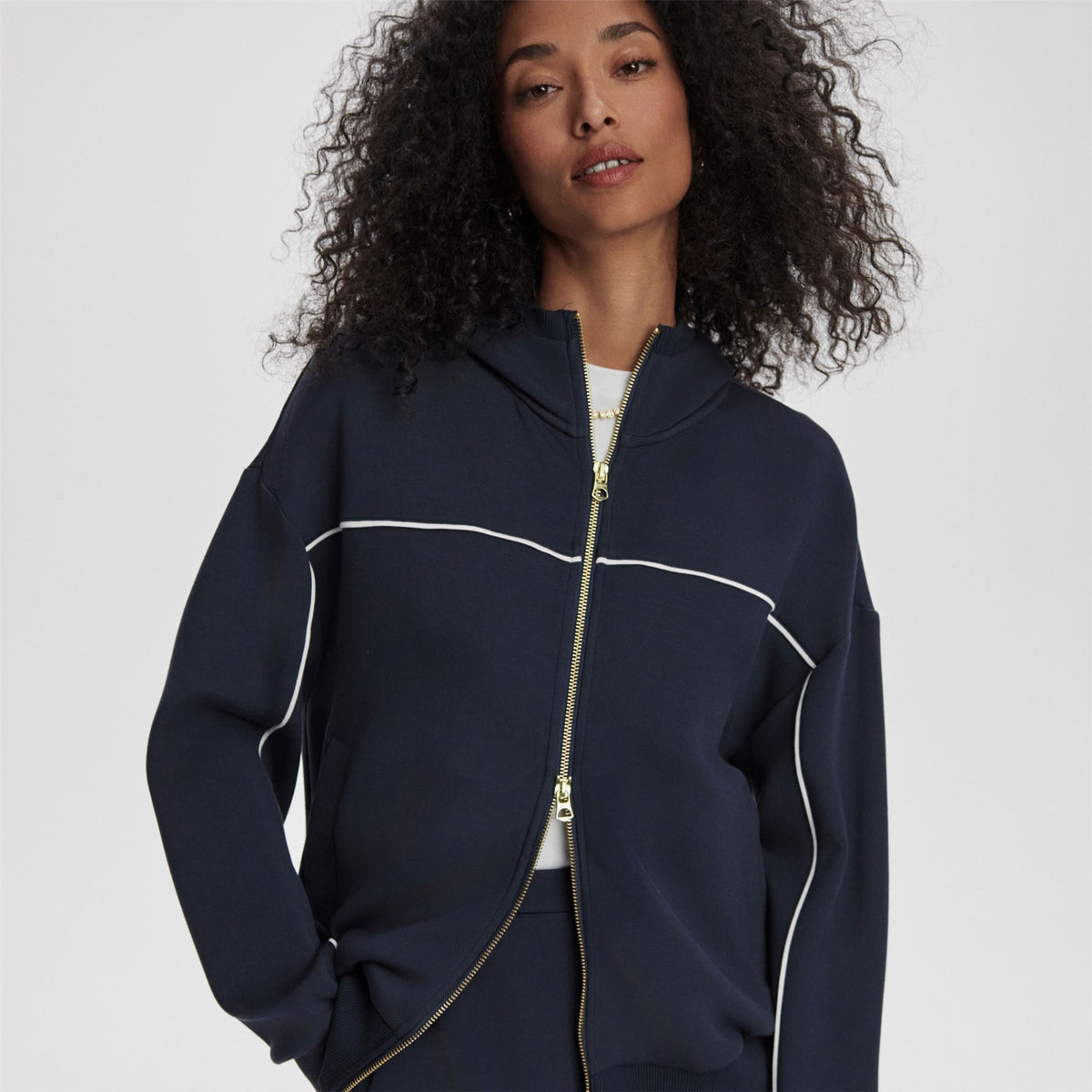 Womens Gia Zip Through Hooded Sweat Navy/White