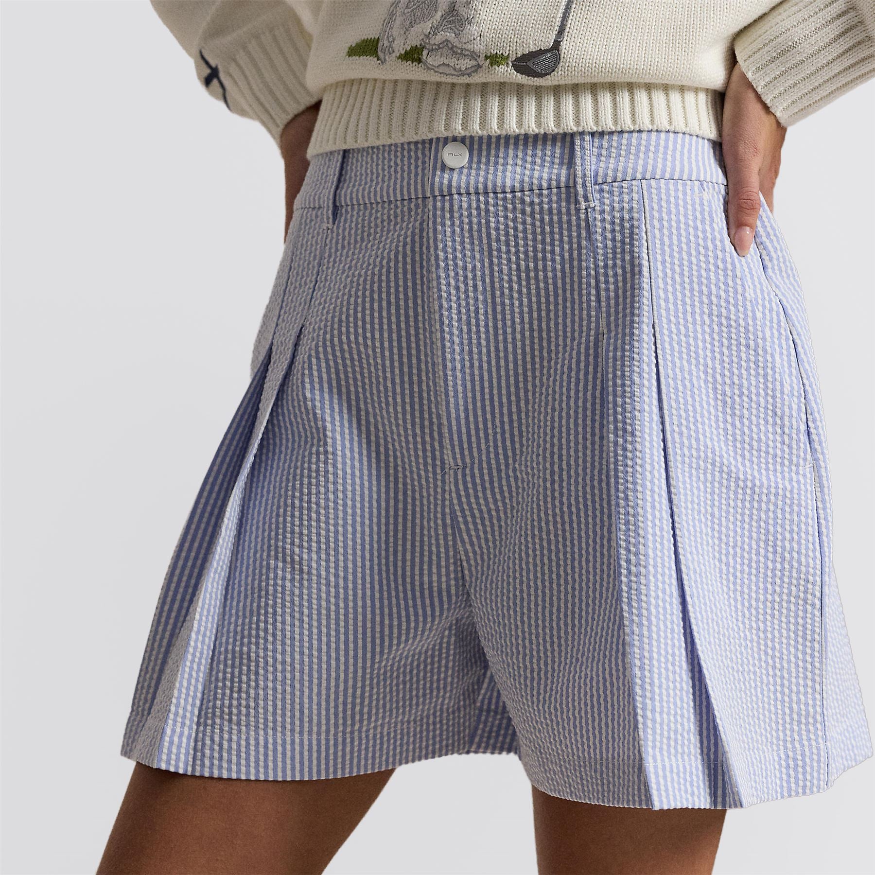 RLX Womens Seersucker Pleated Shorts Blue Mist/Ceramic White