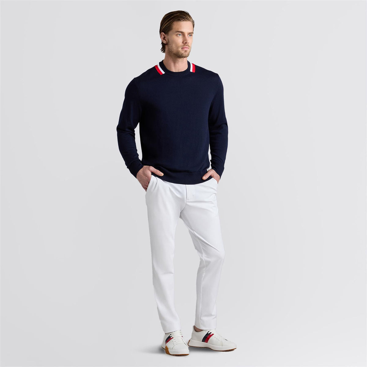 Color Block Merino Wool Sweater Twilight/Lava