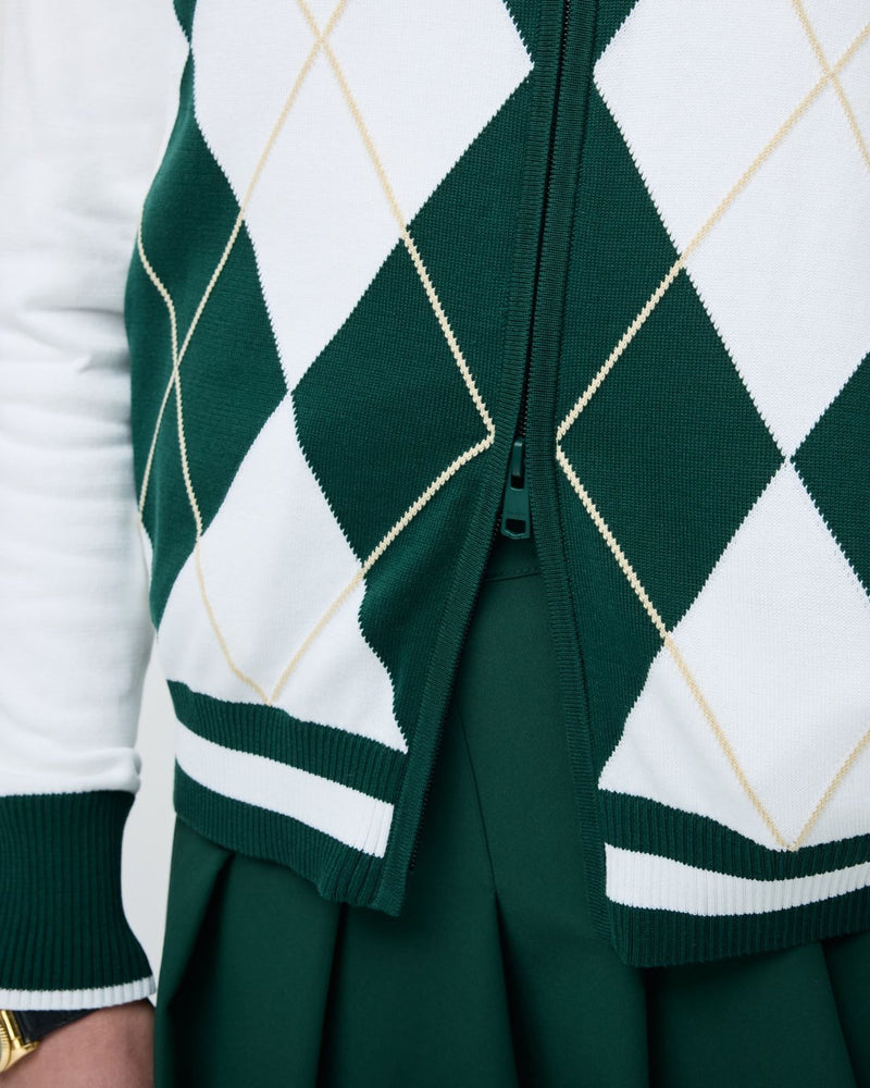 Womens Argyle Full Zip Sweater White/Pine Green Full Zip Sweater White/Pine Green
