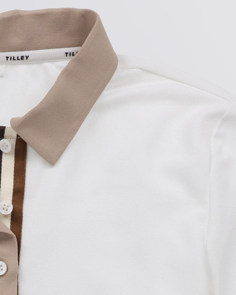 Womens Preppy Pique LS Stripe Placket Polo Off White
