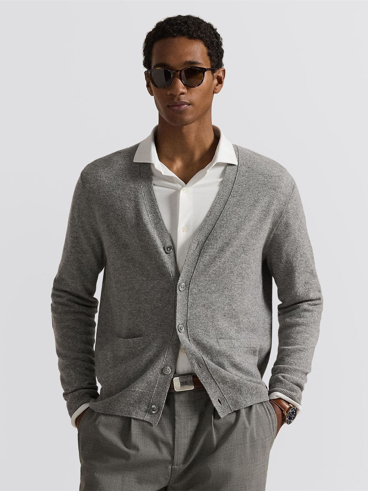 RLX Suede Patch Cashmere Cardigan Fawn Gray Heather