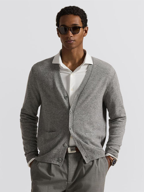 RLX Suede Patch Cashmere Cardigan Fawn Gray Heather