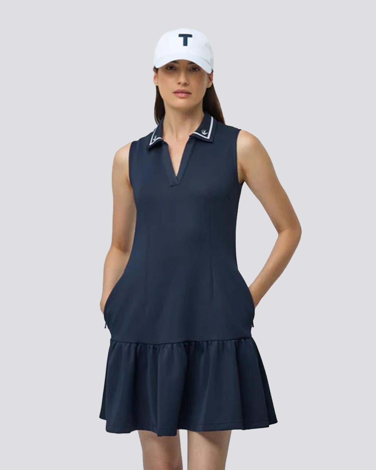 Womens Airloft Ruffle Hem Dress Navy/White