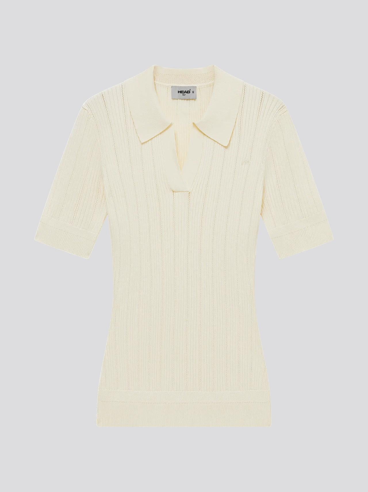 Womens V Neck Pointelle Knit Polo Cream