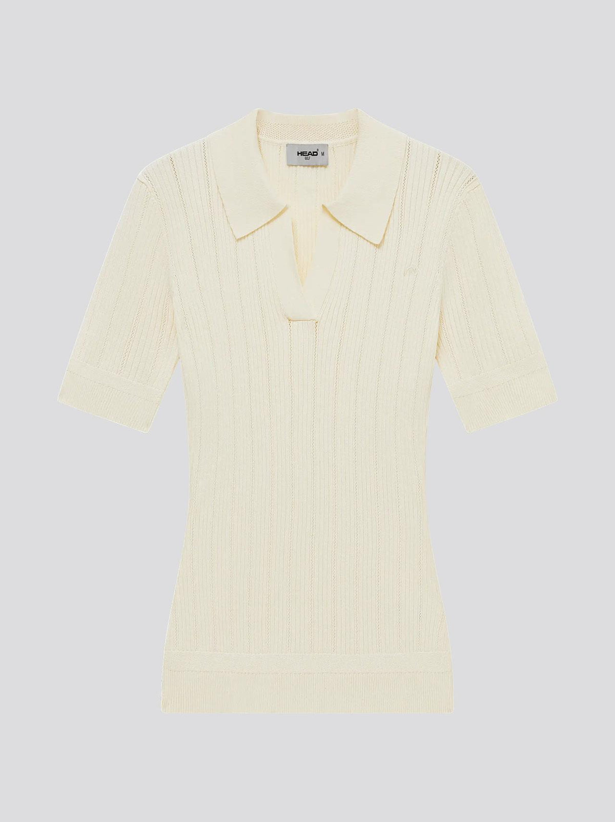 Womens V Neck Pointelle Knit Polo Cream