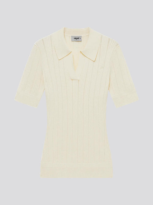 Womens V Neck Pointelle Knit Polo Cream