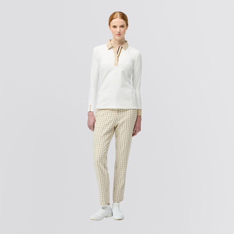 Womens Preppy Pique LS Stripe Placket Polo Off White
