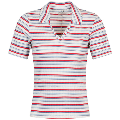 Womens V-Neck Multi Stripe Rib Polo Red/White/Blue - SS25