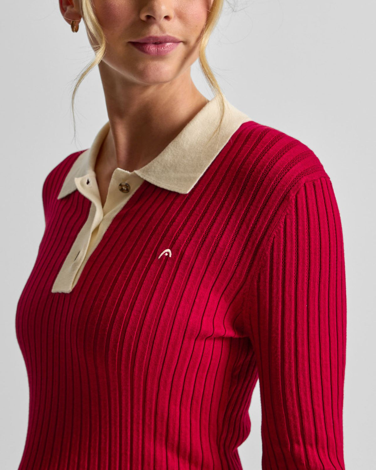 Womens Pointelle Rib Long Sleebe Knit Polo Red