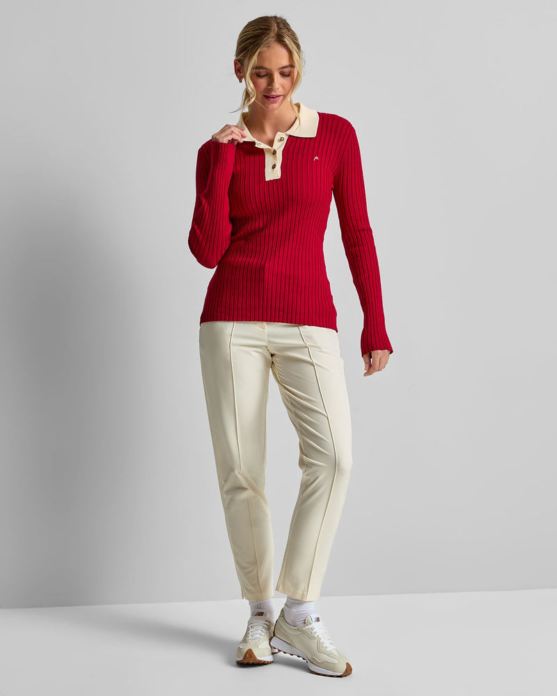 Womens Pointelle Rib Long Sleebe Knit Polo Red