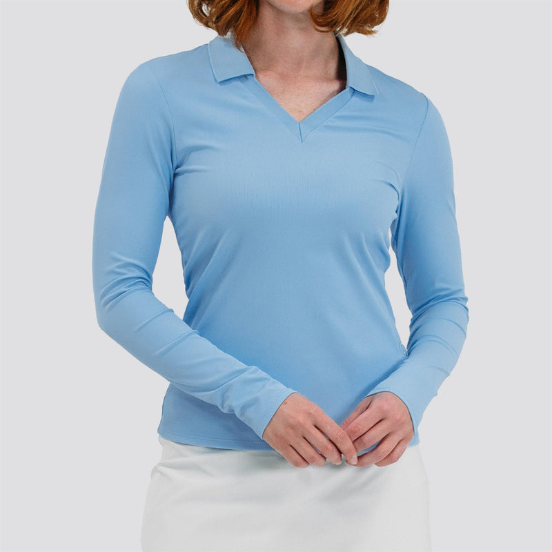 Womens Rib V-Neck LS Polo Light Blue