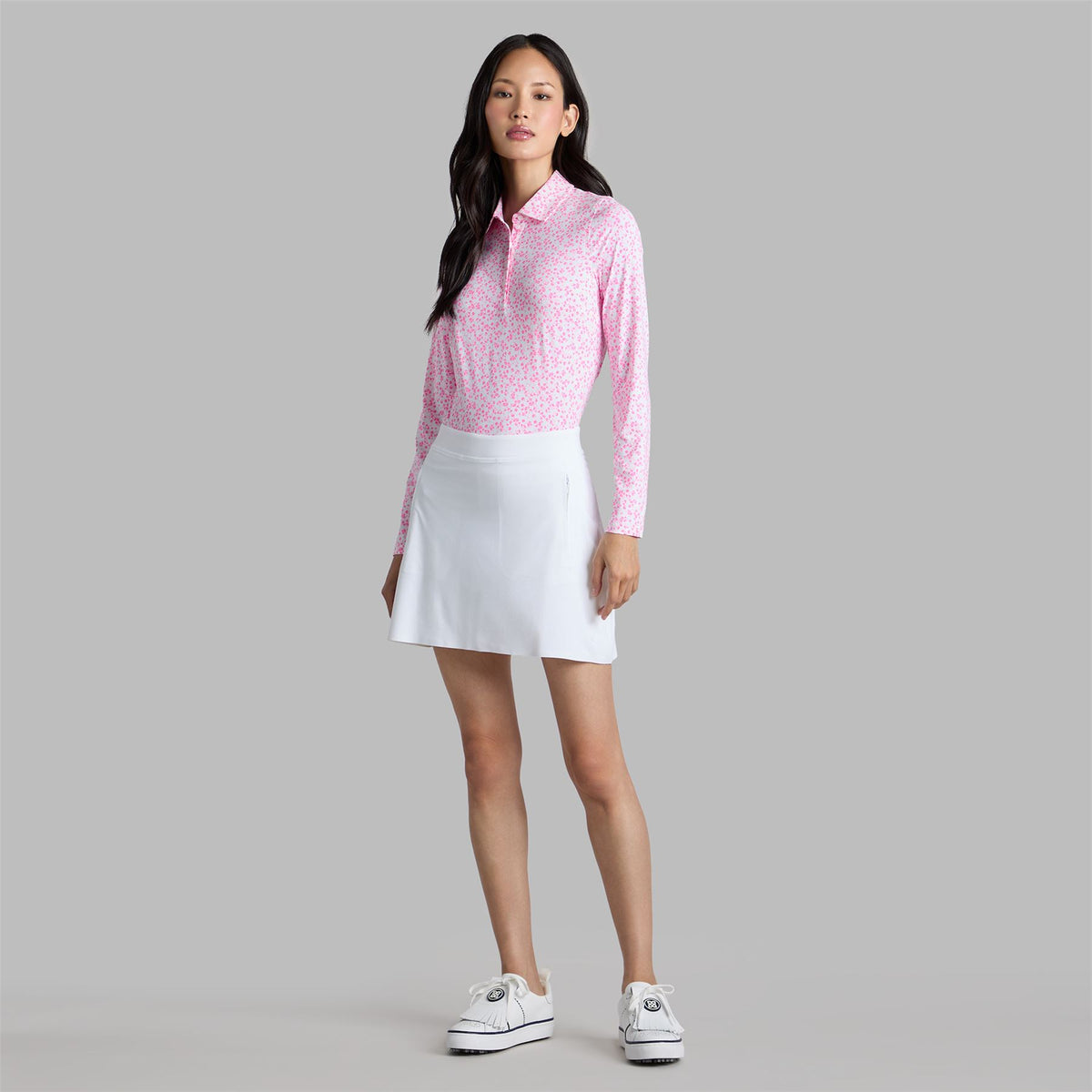 Womens Ditsy Floral Tech Jersey LS Polo Snow