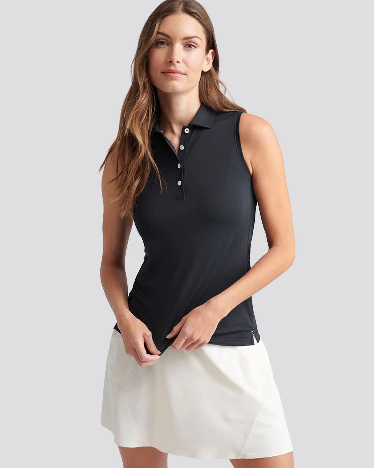 Womens Sleeveless Banded Button Polo Black