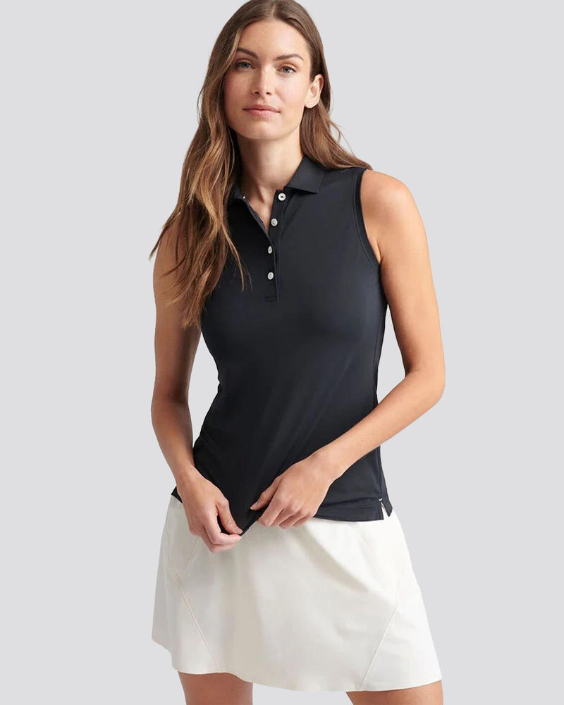 Womens Sleeveless Banded Button Polo Black