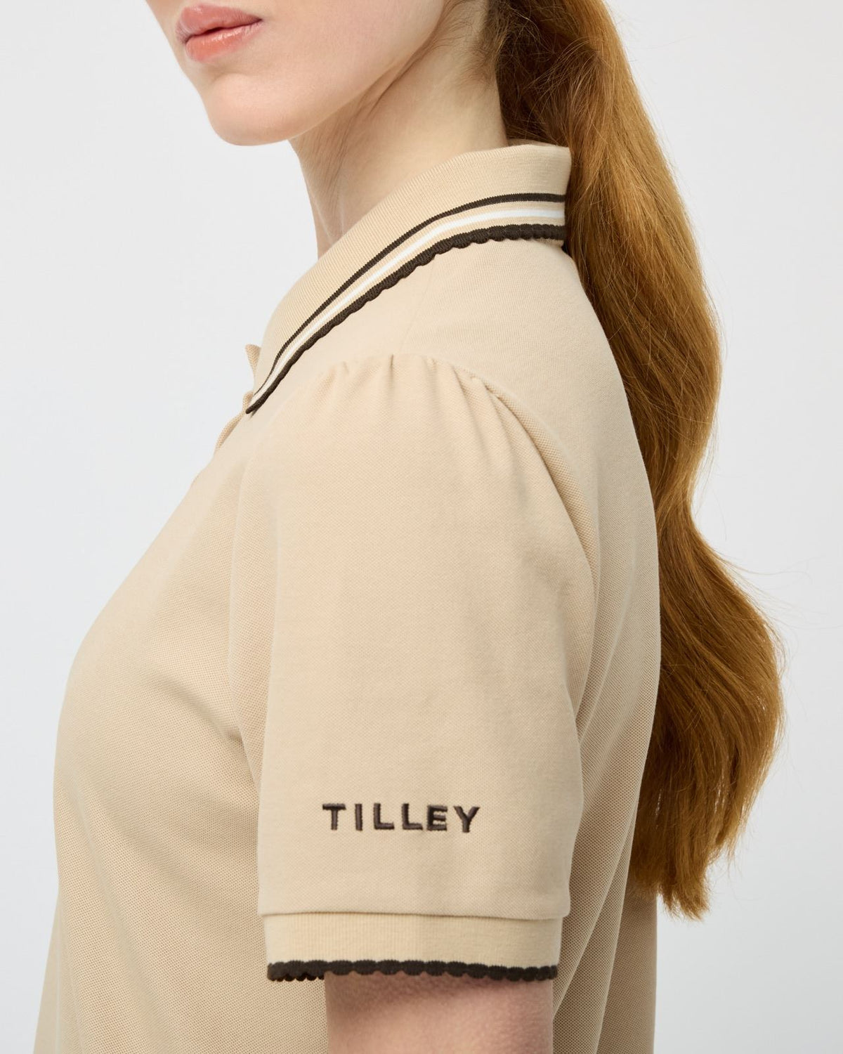 Womens Preppy Pique Puff Sleeve Polo Tan/Chocolate