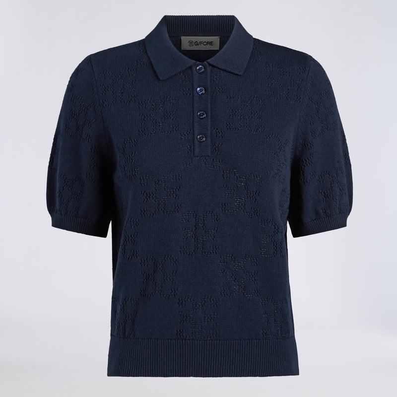 Womens Pointelle G Cotton Silk Cashmere Sweater Polo Twilight