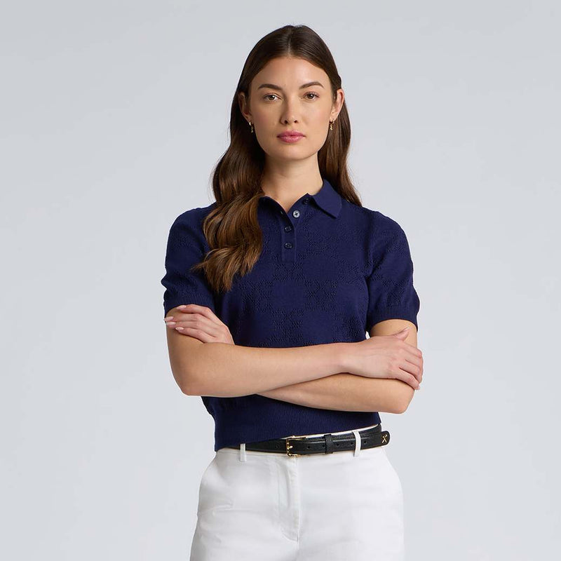Womens Pointelle G Cotton Silk Cashmere Sweater Polo Twilight