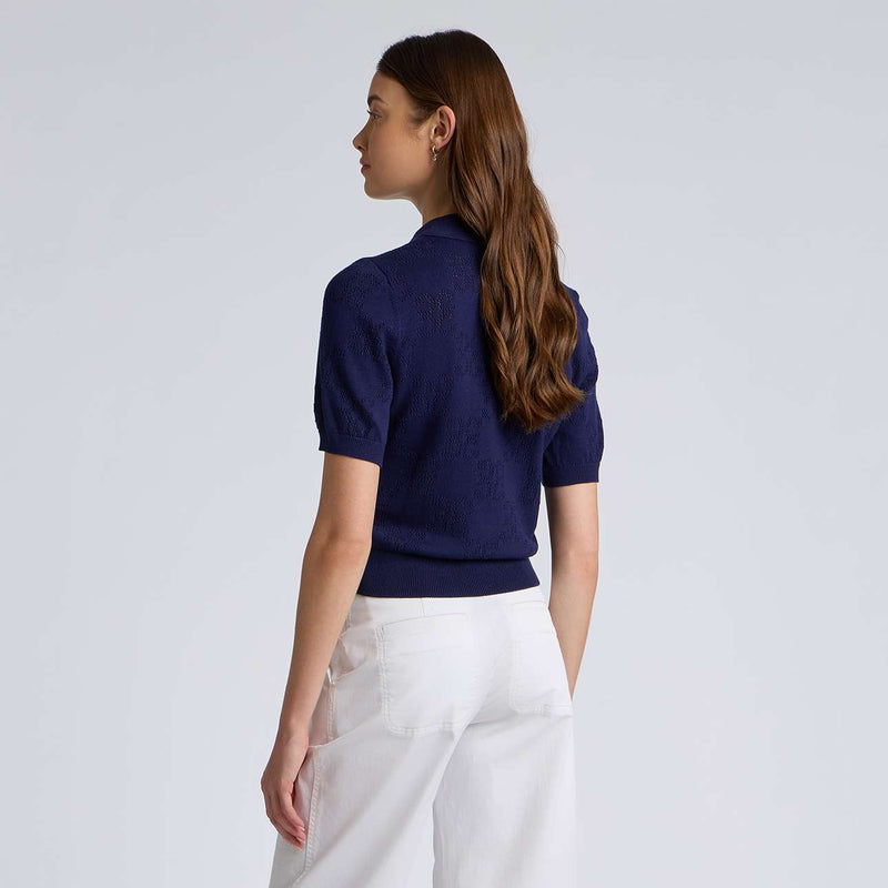 Womens Pointelle G Cotton Silk Cashmere Sweater Polo Twilight