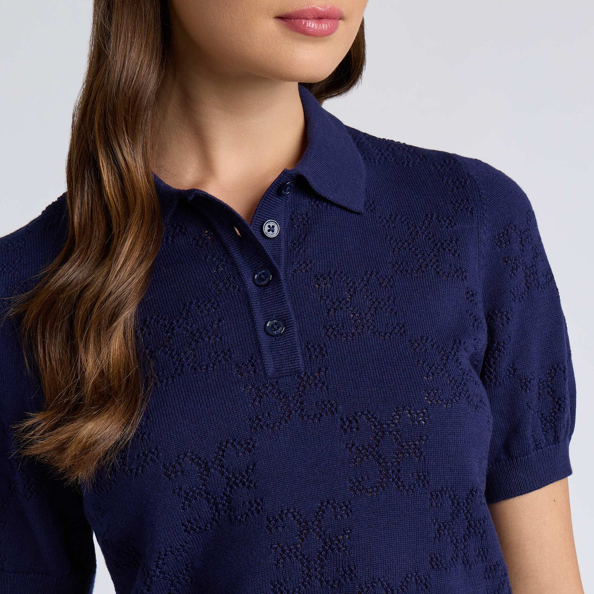 Womens Pointelle G Cotton Silk Cashmere Sweater Polo Twilight