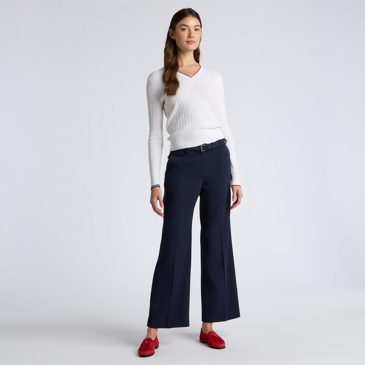 Womens Cable Knit Cotton Cashmere V Neck Snow