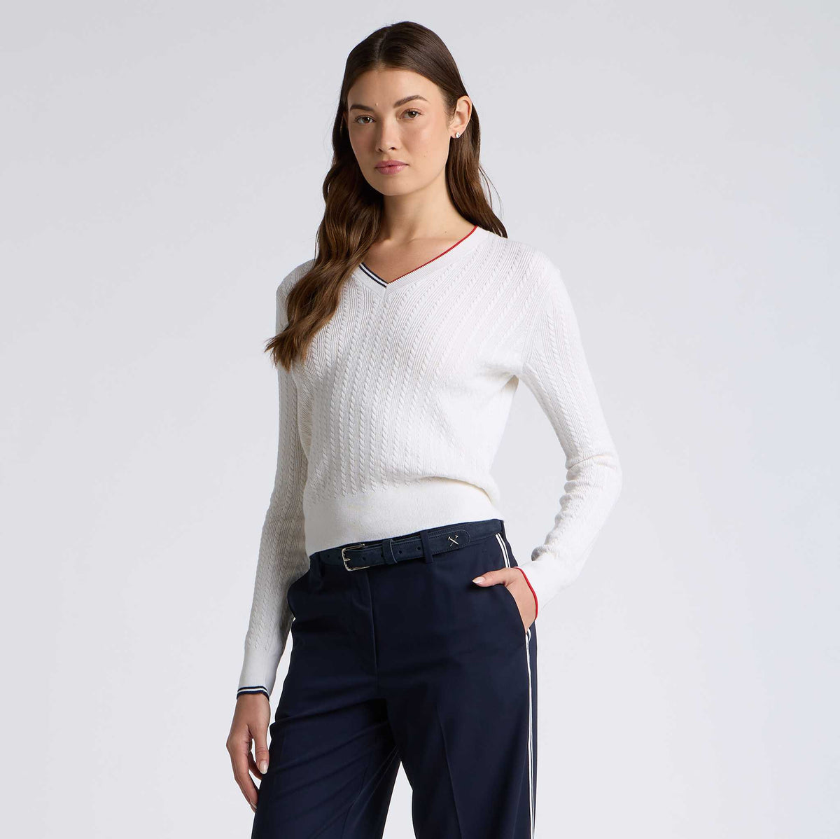 Womens Cable Knit Cotton Cashmere V Neck Snow
