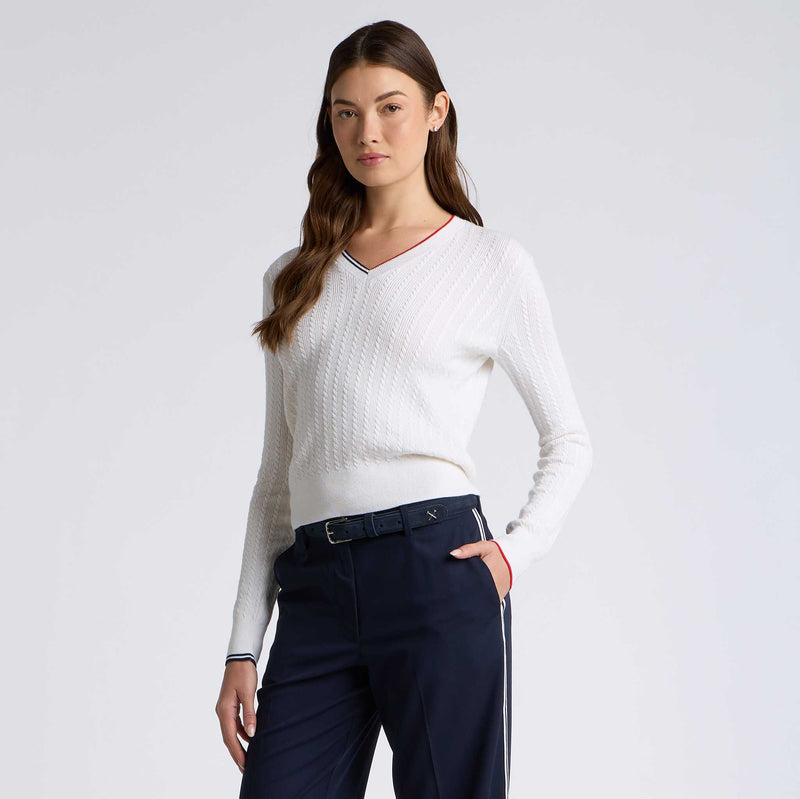Womens Cable Knit Cotton Cashmere V Neck Snow