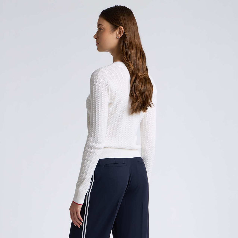 Womens Cable Knit Cotton Cashmere V Neck Snow