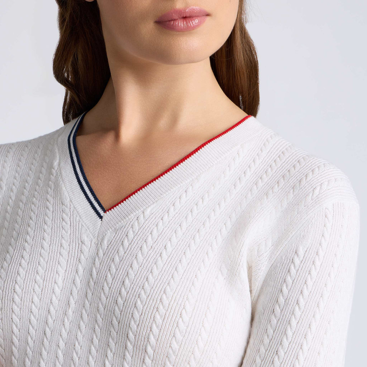 Womens Cable Knit Cotton Cashmere V Neck Snow