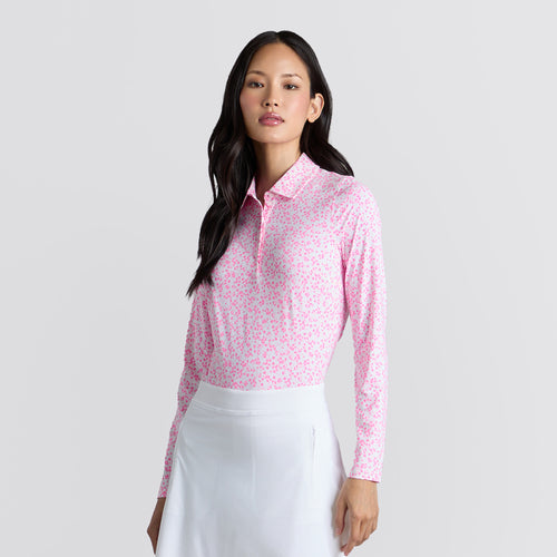 Womens Ditsy Floral Tech Jersey LS Polo Snow