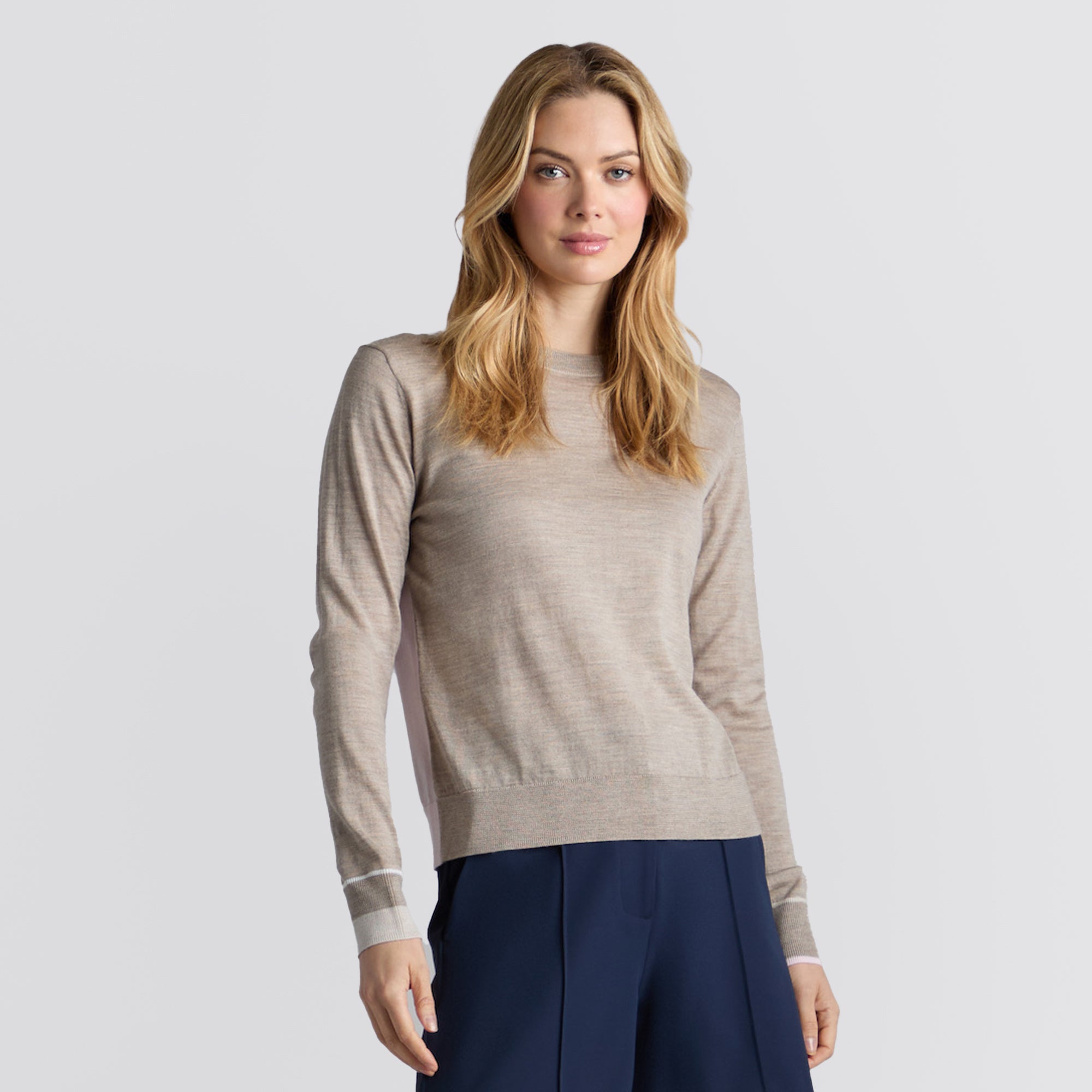 Womens Color Block Merino Wool Sweater Dune