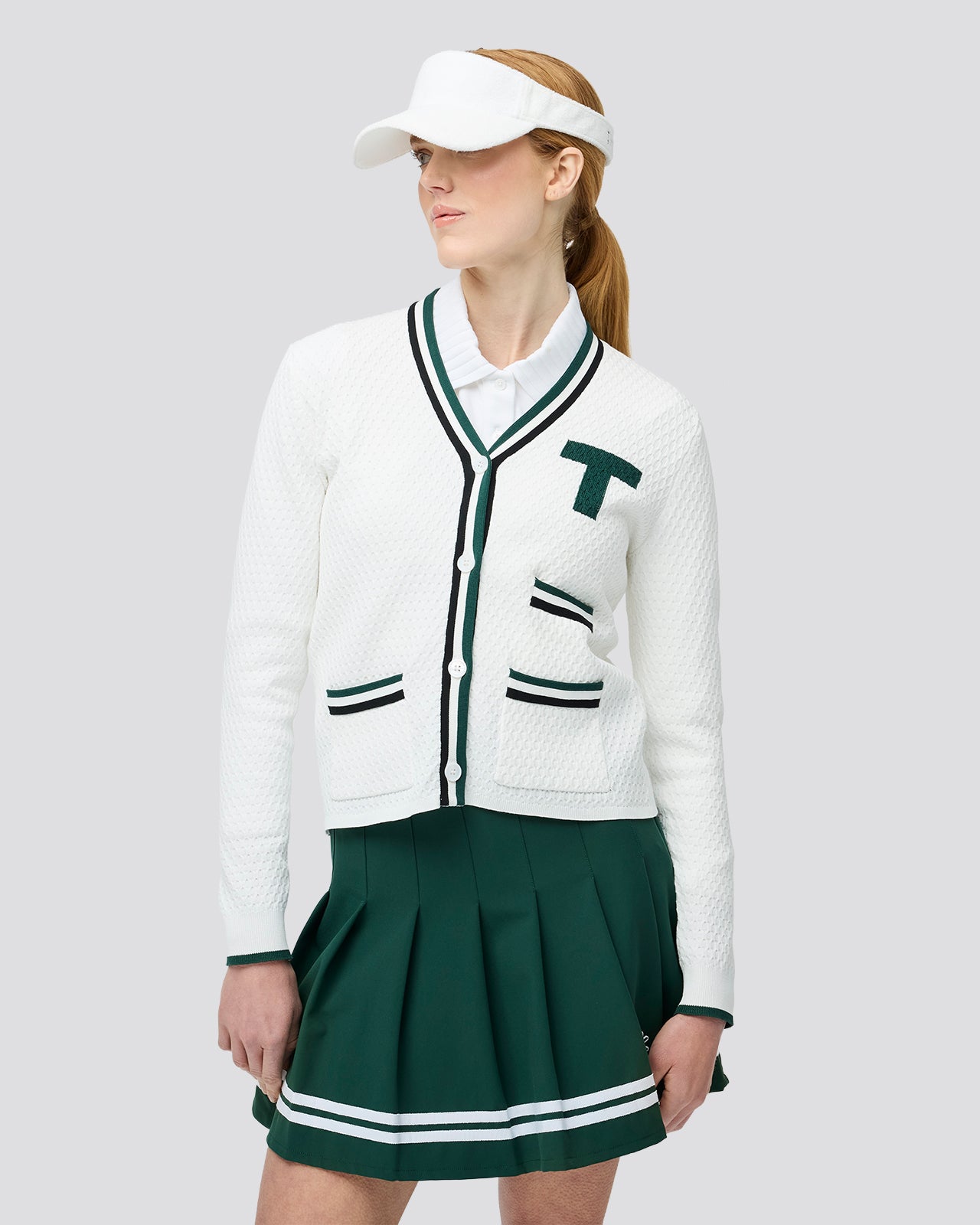 Womens T Cardigan White/Pine Green