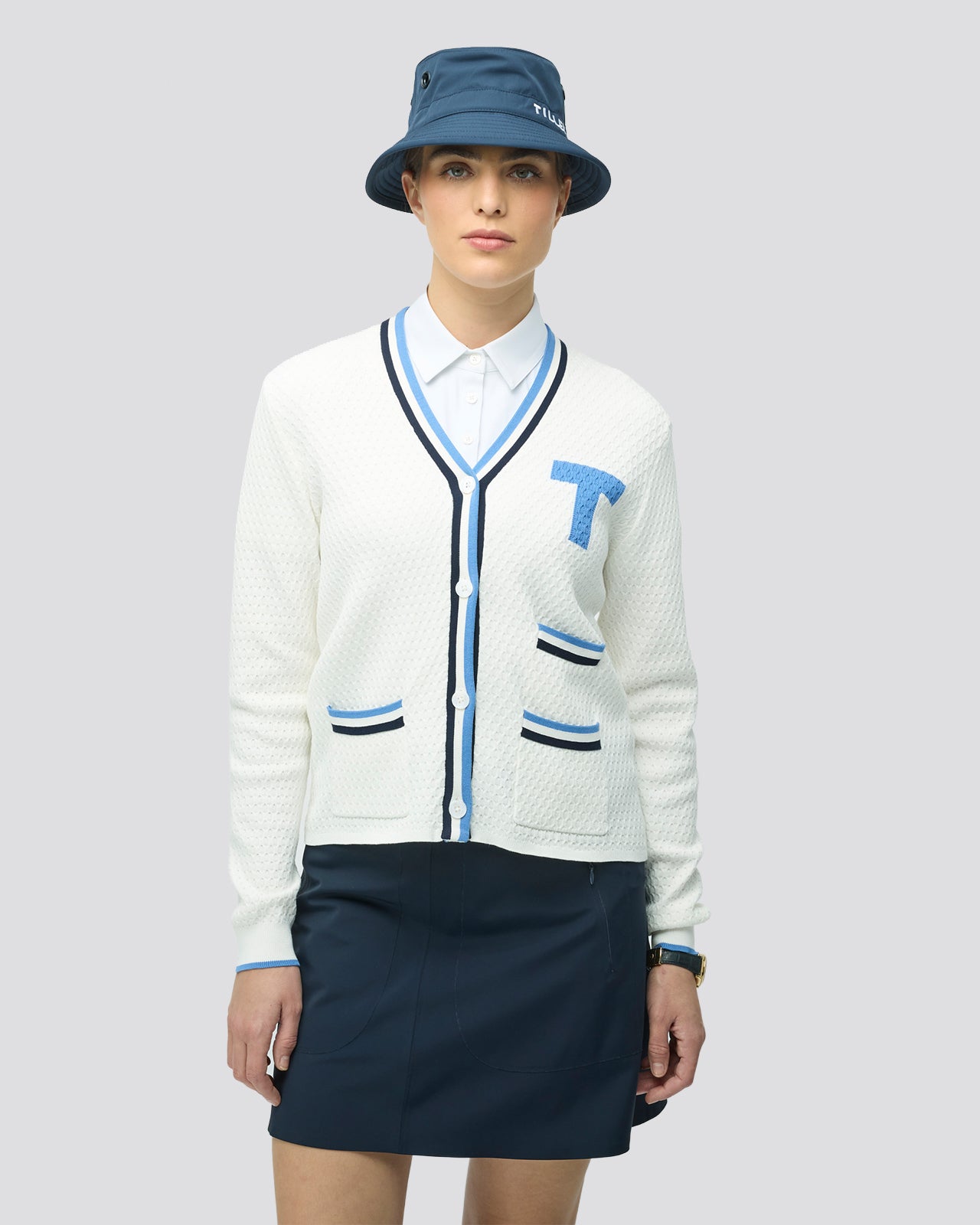 Womens T Cardigan White/Powder Blue