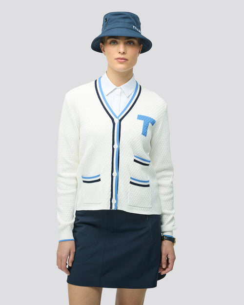 Womens T Cardigan White/Powder Blue