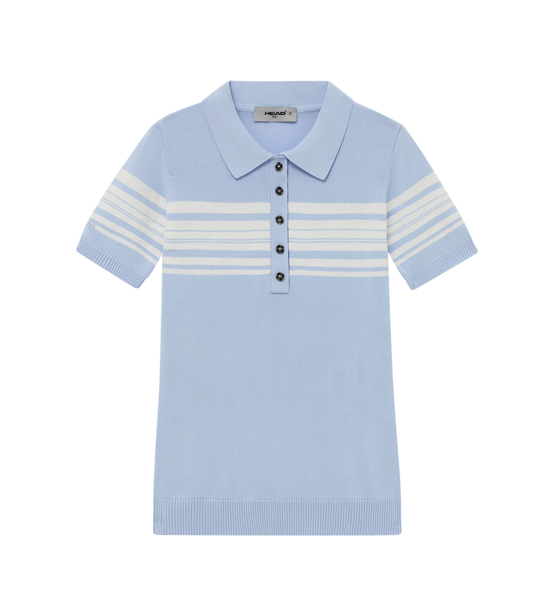 Womens Stripe Knit Polo Dusty Blue
