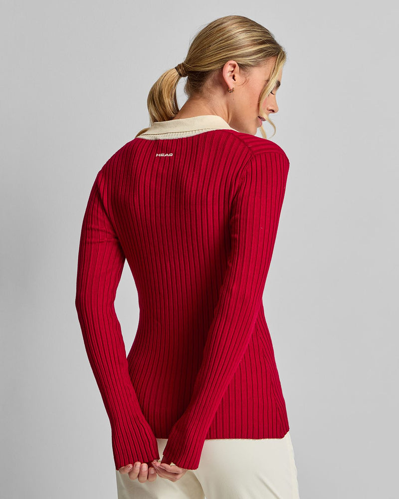 Womens Pointelle Rib Long Sleebe Knit Polo Red