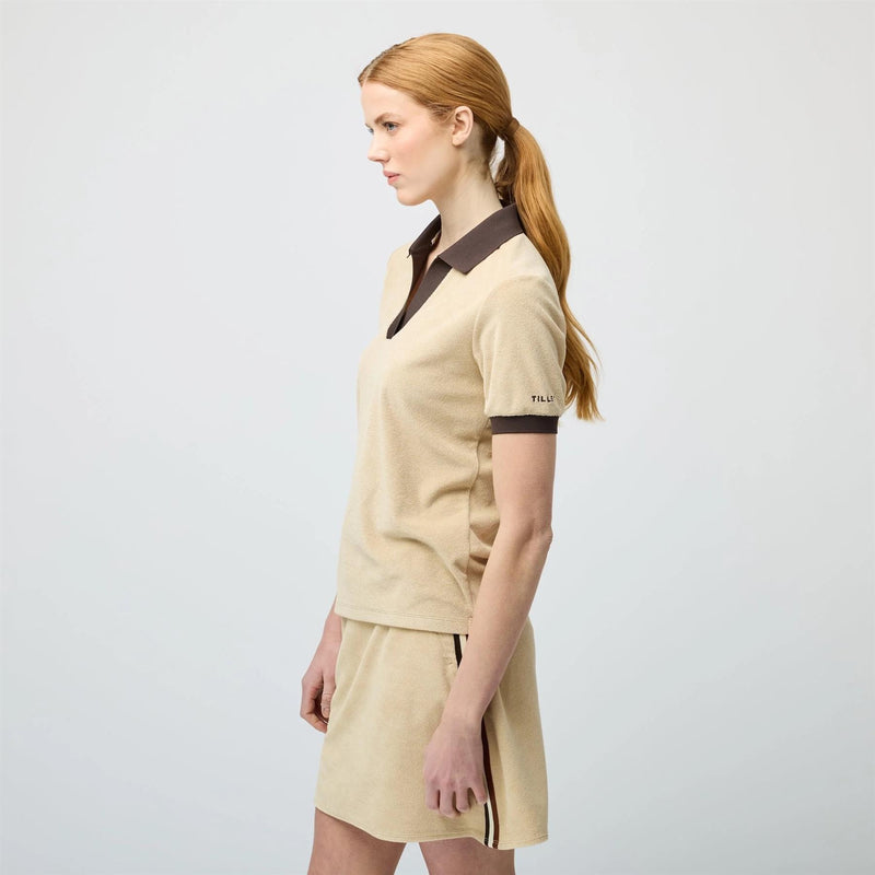 Womens Terry Contrast Polo Tan/Coffee