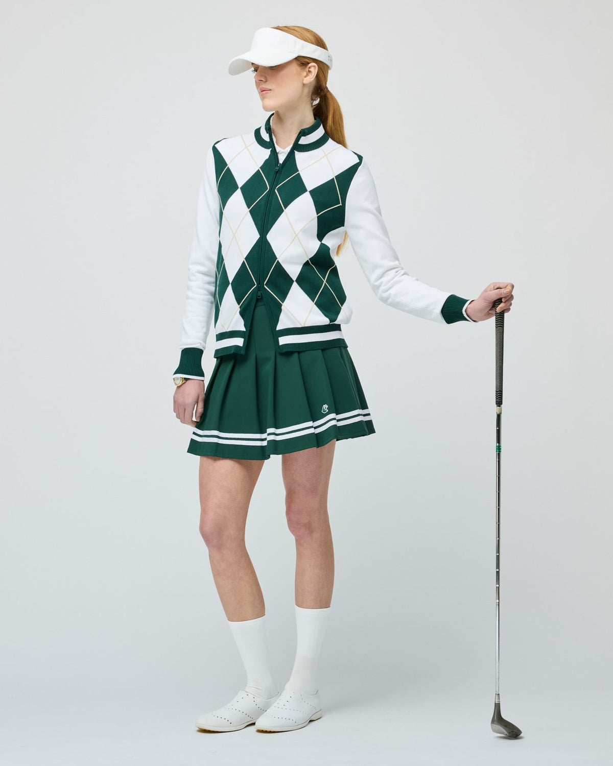Womens Argyle Full Zip Sweater White/Pine Green Full Zip Sweater White/Pine Green