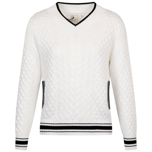 Womens V-Neck Cable Knit Sweater White/Black - SS25