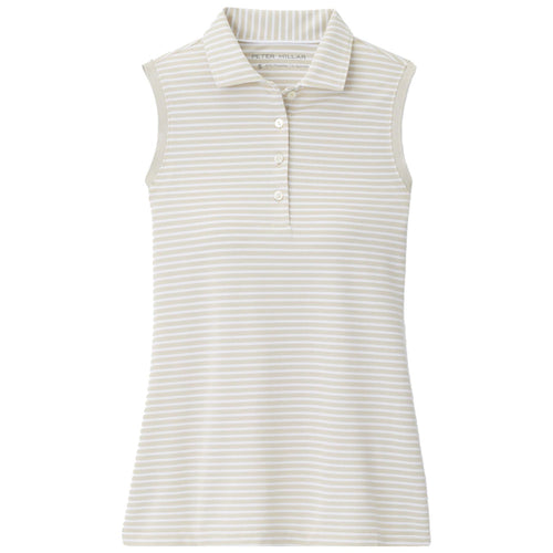 Womens Banded Sport Mesh Sleeveless Button Polo Stone/White - SS24