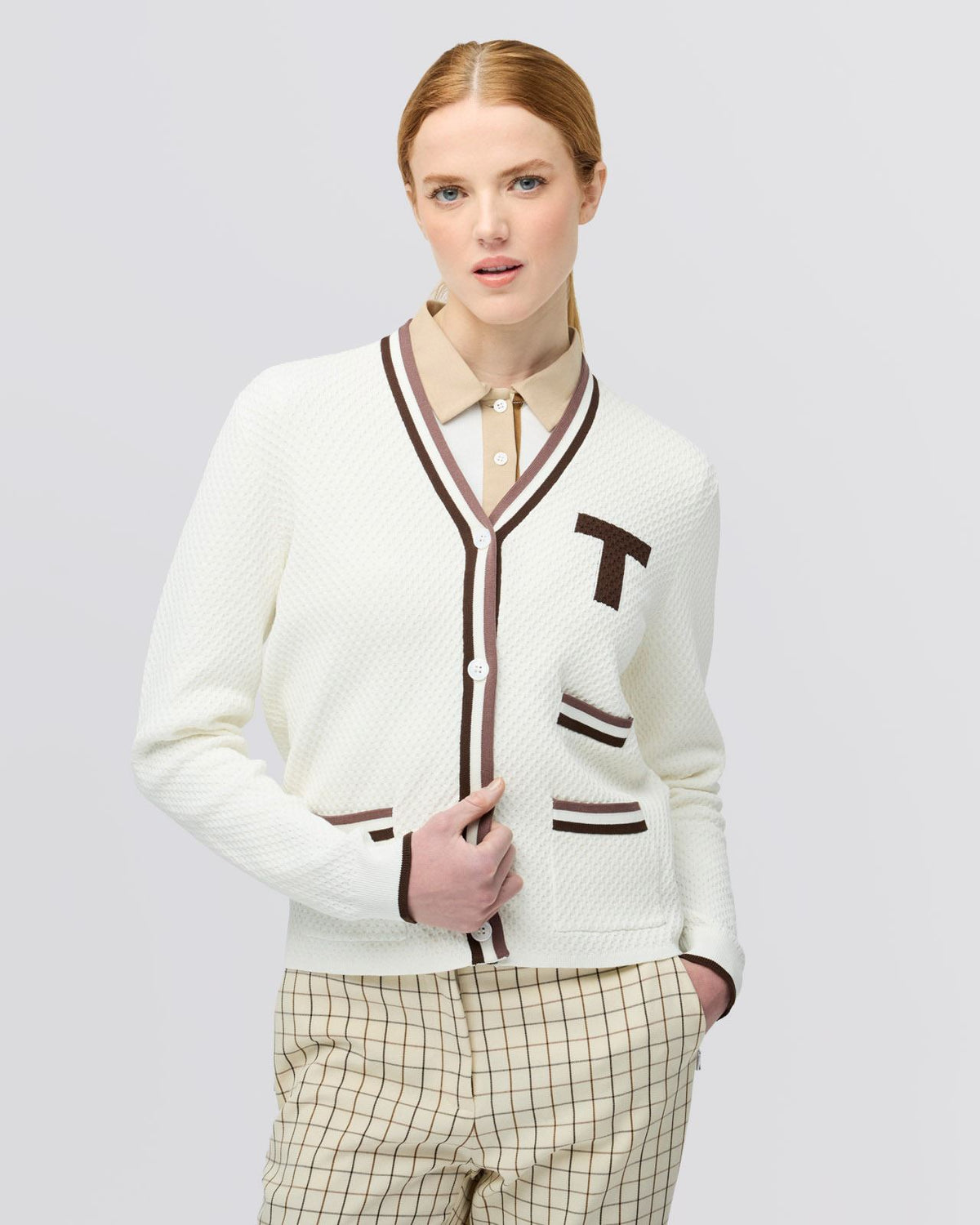 Womens T Cardigan Off White/Coffee/Toffee