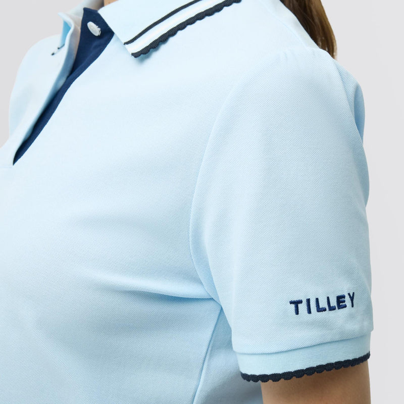 Womens Preppy Pique Puff Sleeve Polo Baby Blue/Navy